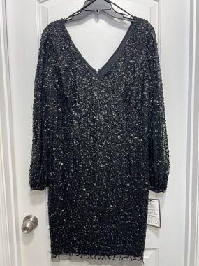 Adrianna Papell Black Long-Sleeve Sequin V-Neck Dress